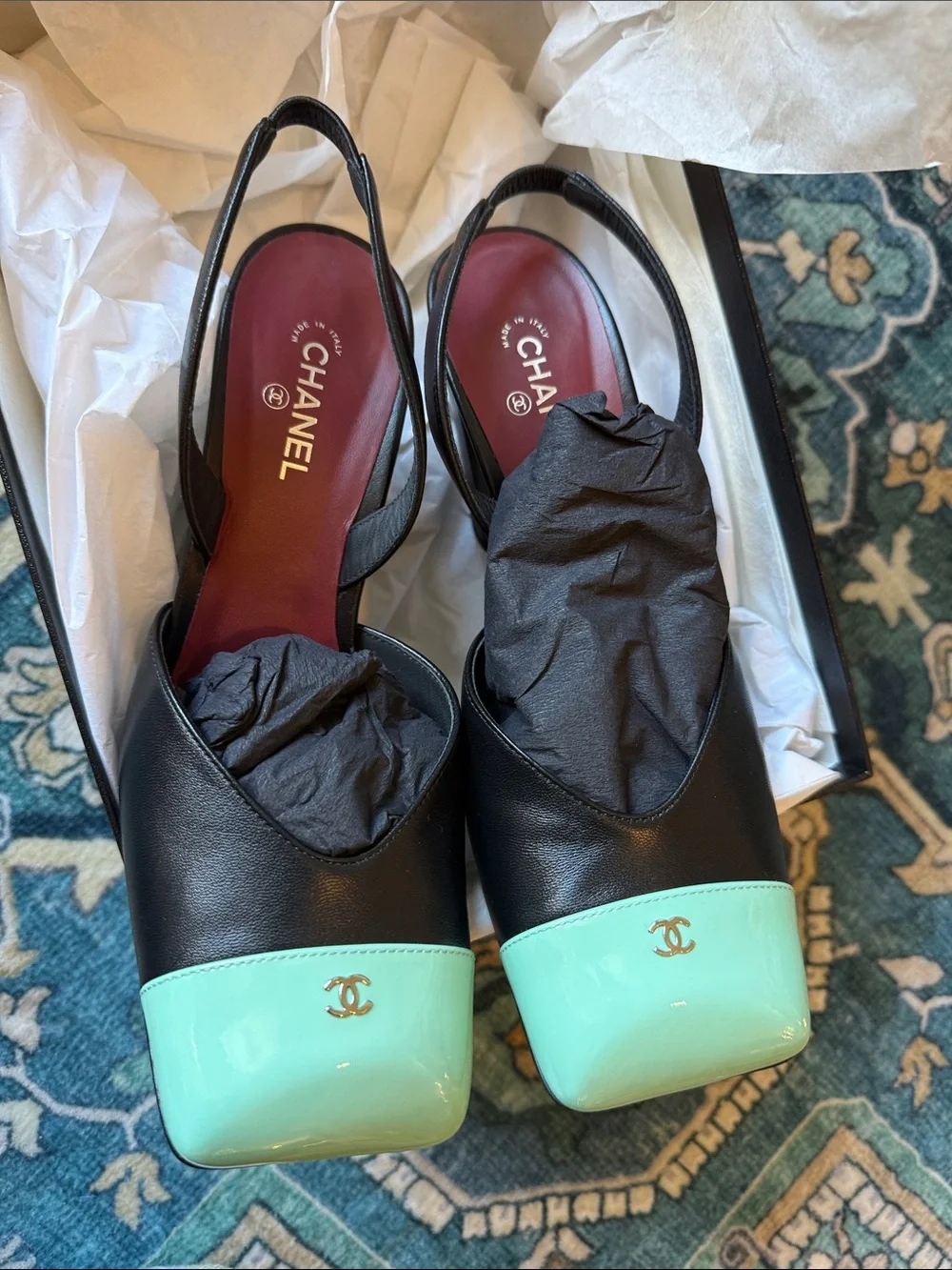 Chanel 26S Blazy Black Minty Green Square Cap Toe Sling Slingback Heel 37.5